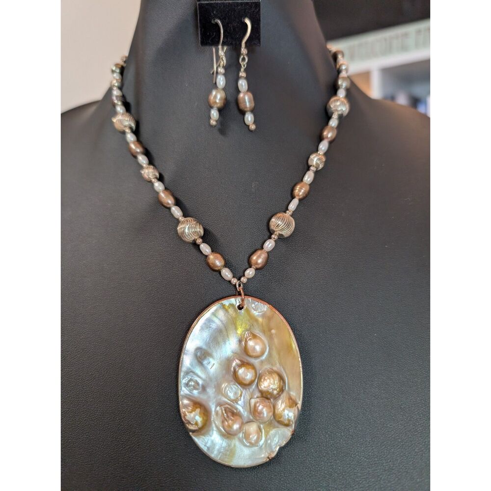 NOS Handmade in Alaska 925 Sterling Silver Blister Pearl Necklace Set